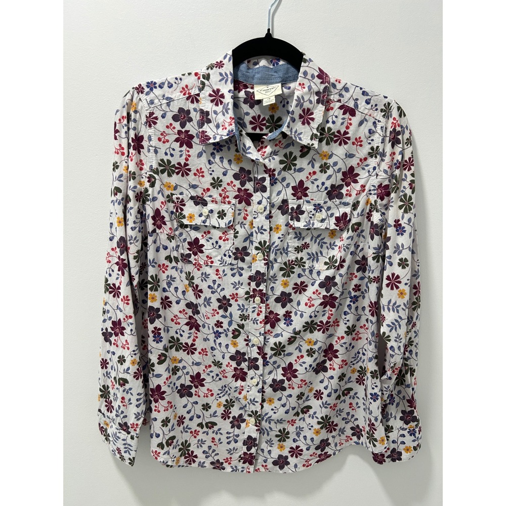 St Johns Bay Womens PS Floral Cotton Button‎ Down Shirt Long Sleeve Petite Small